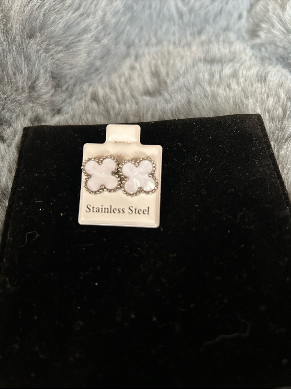 Silver- tone and White Clover Stainless Steel Stud Earrings